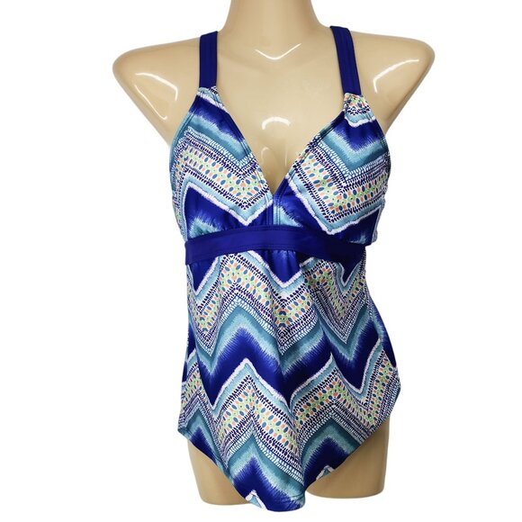 Title Nine Womens Blue Multicolor Chevron Print Tankini Swimsuit‎ Top Size S - Picture 1 of 7